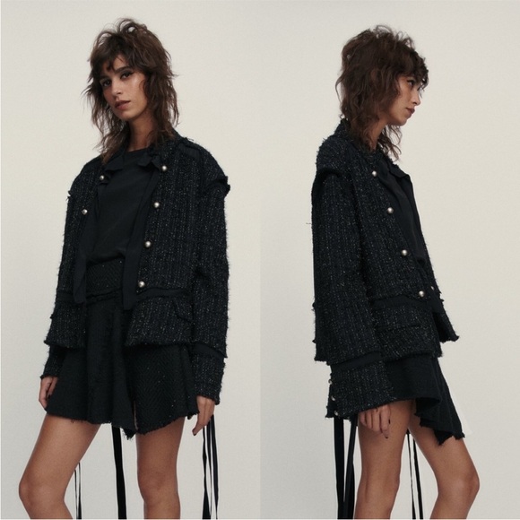 Zara Studio Limited Edition Textured Metallic Tweed Soft Cardigan Blazer Jacket - Picture 2 of 12